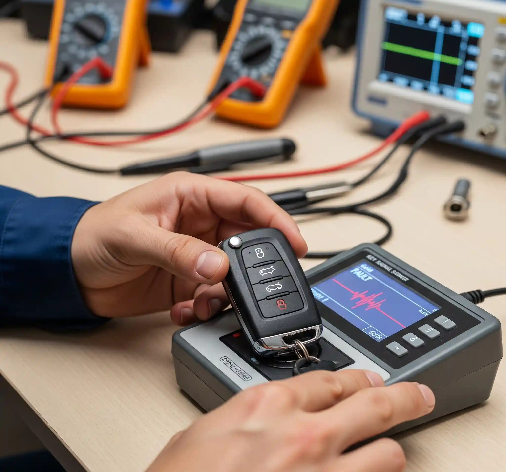 Technician programming a car key fob with a diagnostic tool inside a vehicle, showing successful transponder status.